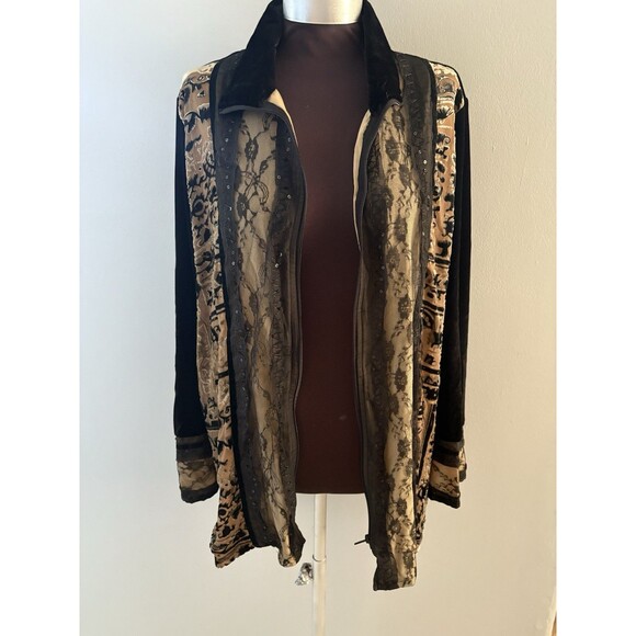 Coldwater Creek Velvet Burnout Coat Womens 1X Black Brown Lace Whimsigoth Vamp - Picture 2 of 16